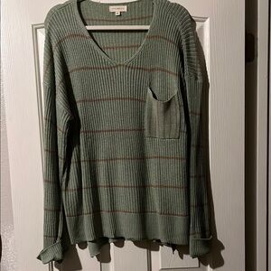 Promesa Green V-Neck Sweater with Ribbed Stripes